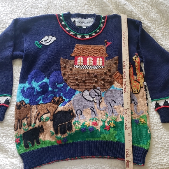 Vintage IsKnitCute! Hand Knit Noah’s Ark Sweater Embroidered Size 2 = Large - Picture 3 of 5